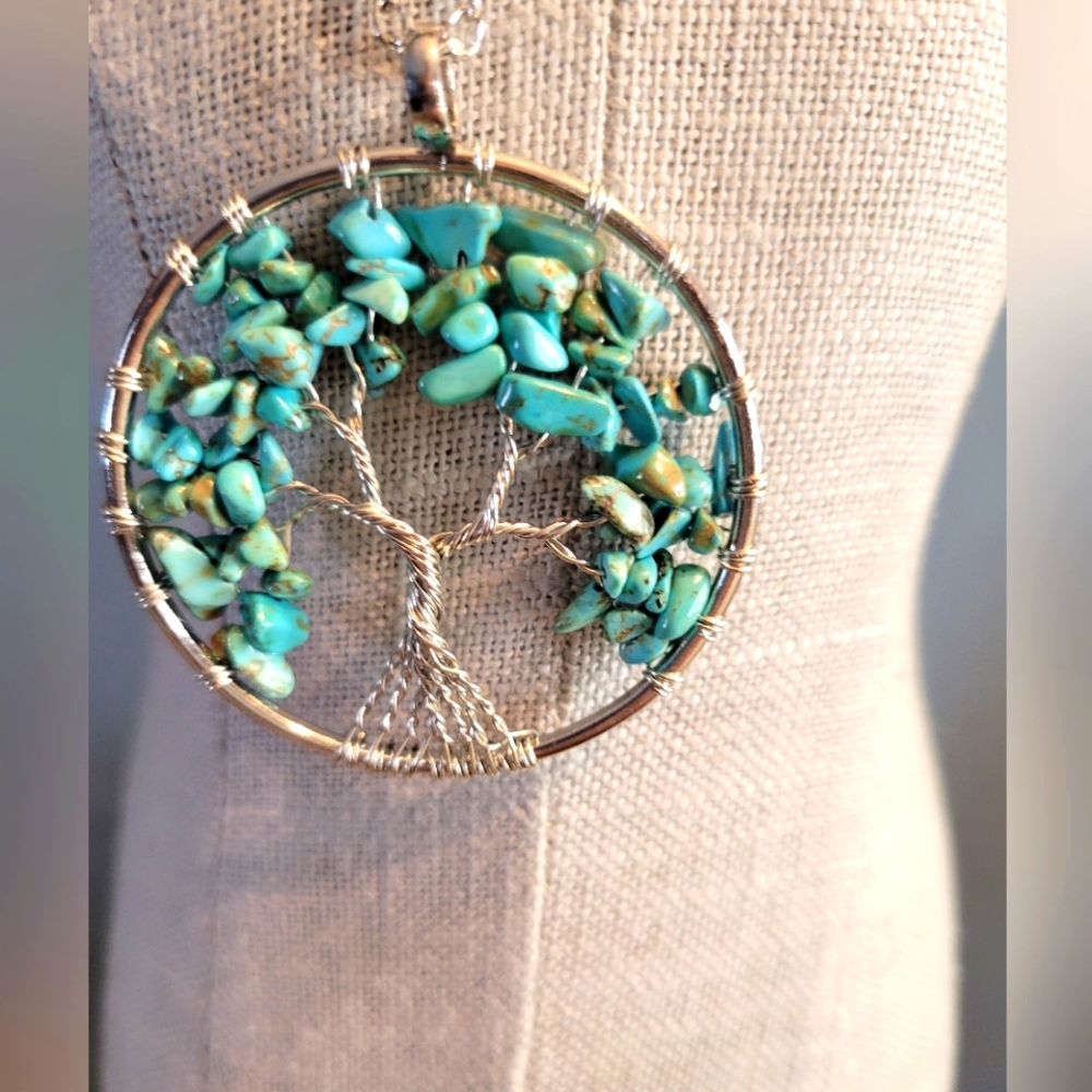 Handcrafted turquoise tree of life necklace silver tone